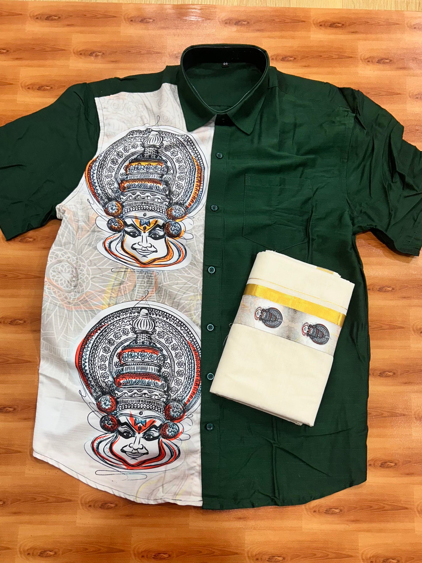 Combo Shirt Mund Mixed cotton - Half Sleeve - KaithariKada - Green Kadhakali Printed Design - 10 KK5447 ARU
