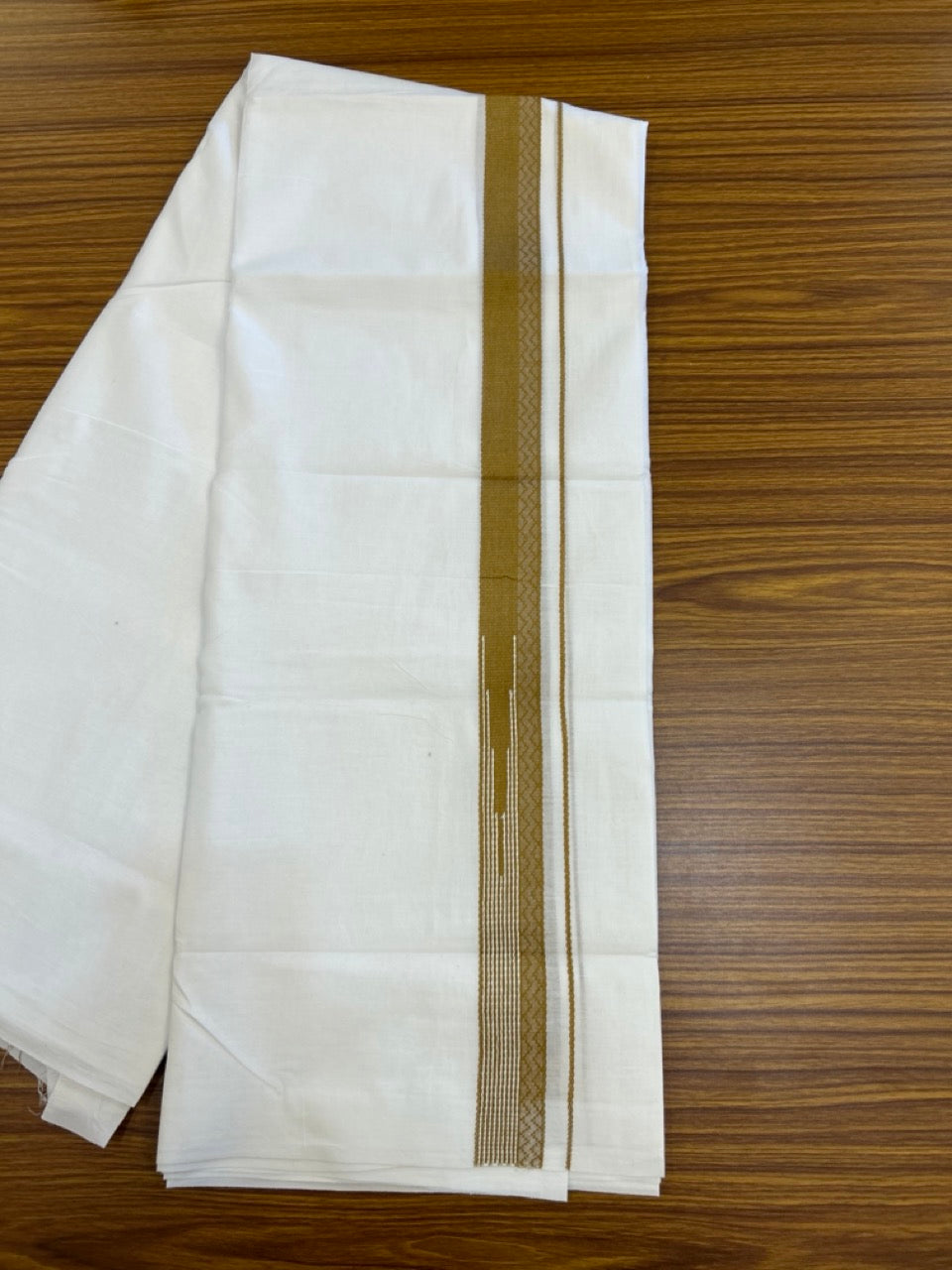 20% DISCOUNT!! Kaitharikada Balaramapuram 100% Cotton PURE WHITE Double Mundu/Dothi - 80X90 - 1.5 Inch Golden Brown design Kara 3.70 m (8 Muzham) - 3 KK5286 KAI
