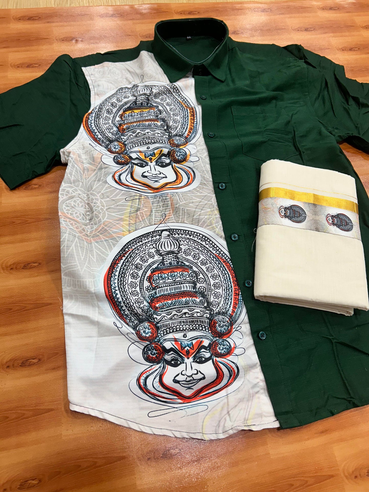 Combo Shirt Mund Mixed cotton - Half Sleeve - KaithariKada - Green Kadhakali Printed Design - 10 KK5447 ARU