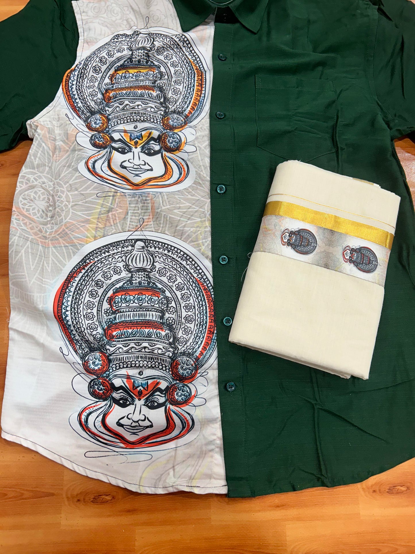 Combo Shirt Mund Mixed cotton - Half Sleeve - KaithariKada - Green Kadhakali Printed Design - 10 KK5447 ARU