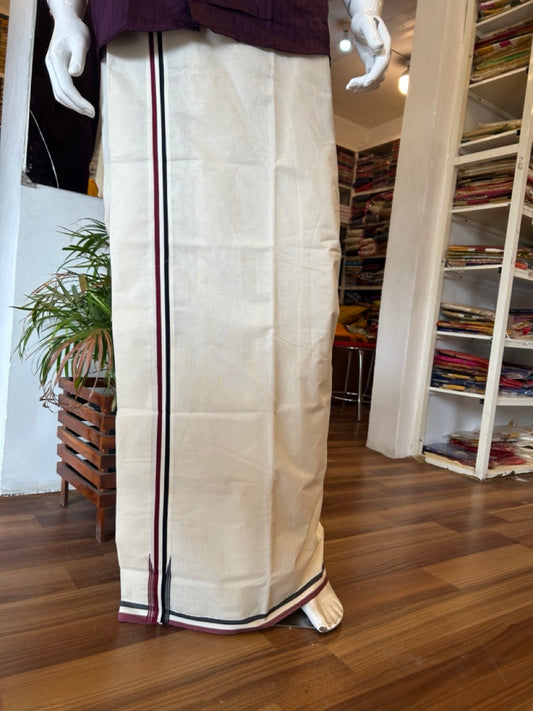 ADMK VESHTI - 25% DISCOUNT! KaithariKada 100% Cotton off white Double - (Unbleached) Mundu/Dhoti - 100X100 - 1 inch Black White & Maroon Striped Wings Chutty kara 3.80 meter (8 Muzham) - 7KK5079ASH