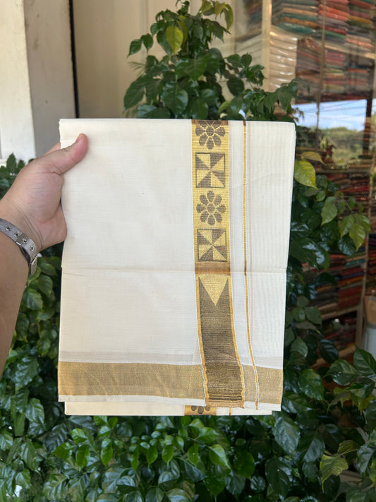 20% Discount! KaithariKada Balaramapuram Double Off White - (Unbleached) Mund/Dhoti - Mixed Cotton (80s) - 1.5 inch Kasav Black Jacquard design chutty Kara 4.00 mtr (8.5 Muzham) - 201 KK5361 PMC