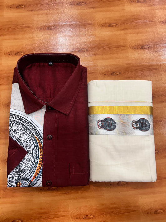 Combo Shirt Mund Mixed cotton - Half Sleeve - KaithariKada - Dark Maroon Kadhakali Printed Design - 7 KK5447 ARU