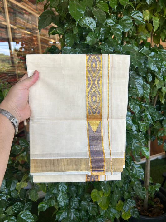 20% Discount! KaithariKada Balaramapuram Double Off White - (Unbleached) Mund/Dhoti - Mixed Cotton (80s) - 1.5 inch Kasav Royal Blue Jacquard design chutty Kara 4.00 mtr (8.5 Muzham) - 204 KK5361 PMC