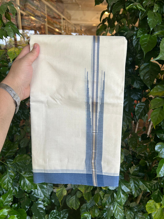 20% Discount ! KaithariKada Balaramapuram 100% Cotton Double Off White (unbleached) Mundu/Dhoti- 100x80- 1.75 inch Puliyilakkara Silver Kasavu & Deep Sea Blue Striped Chutty Kara 4 mtr (8.5 muzham) - 224 KK5361 PMC