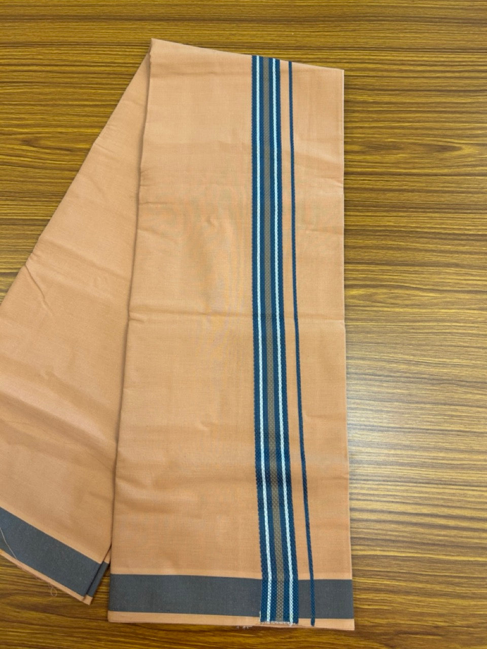 18% Discount!!! Kaitharikada Pure Cotton - Single Kaily / Lungi - 1.25 inch Blue & white stripes Pattern kara with Tan brown colour body  (2 meter / 4 muzham) - 8KK8018GAN