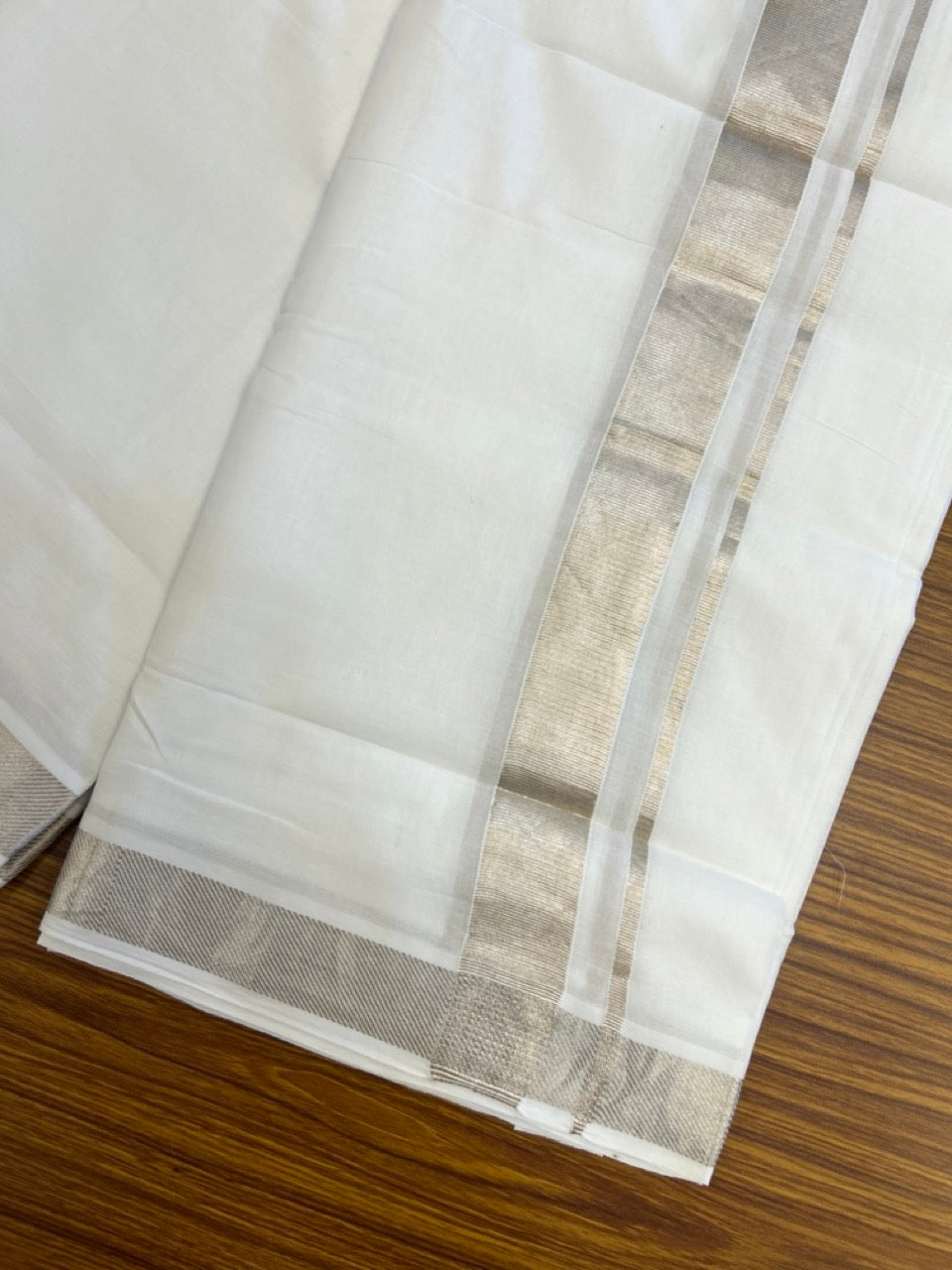 20% Discount! KaithariKada Balaramapuram 100% Cotton Double Pure white Mundu/Dhoti - 100x80 - 1.5 Inch Silver Kasav Kara - 12 KK5286 KAI