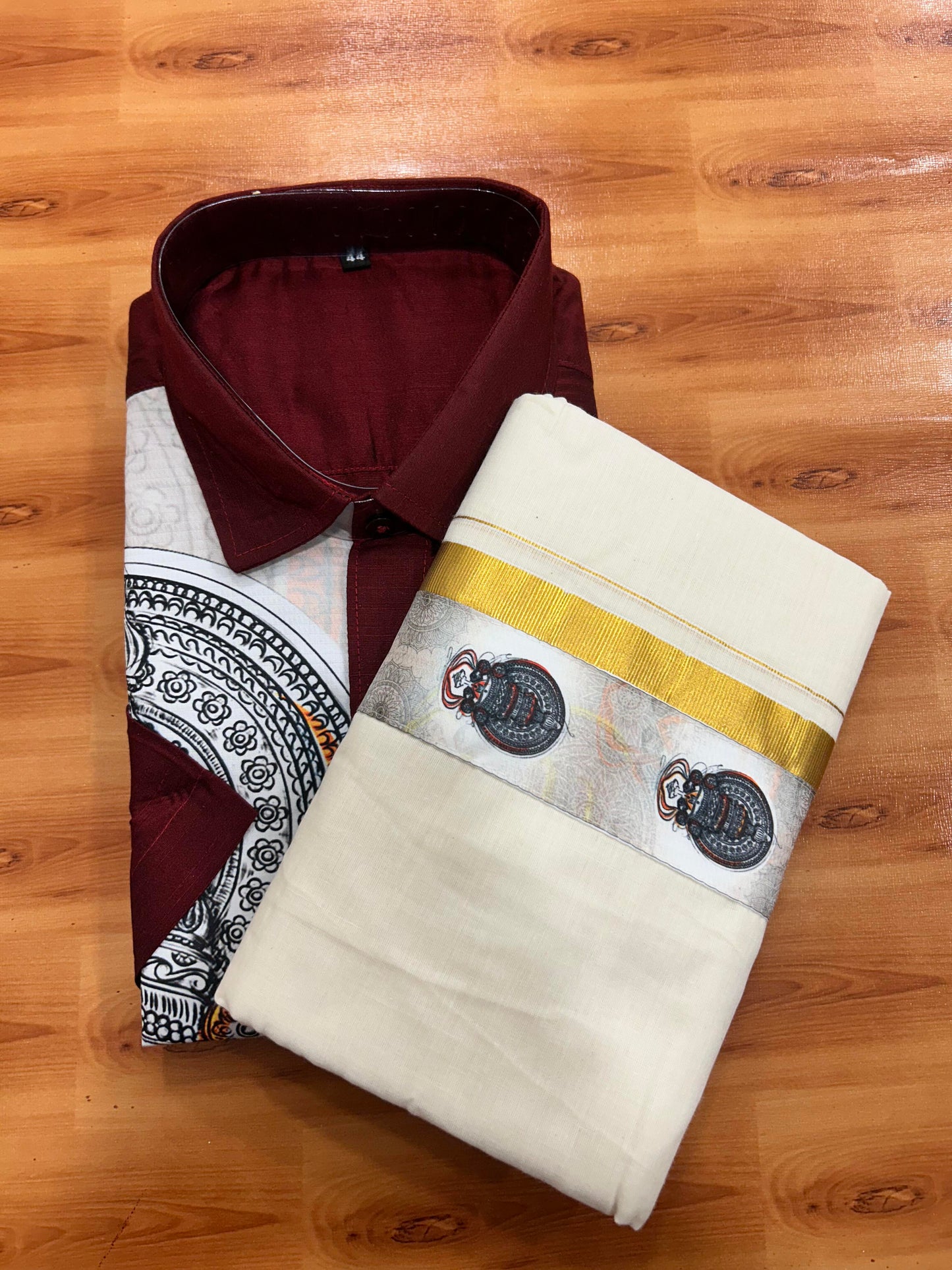 Combo Shirt Mund Mixed cotton - Half Sleeve - KaithariKada - Dark Maroon Kadhakali Printed Design - 7 KK5447 ARU