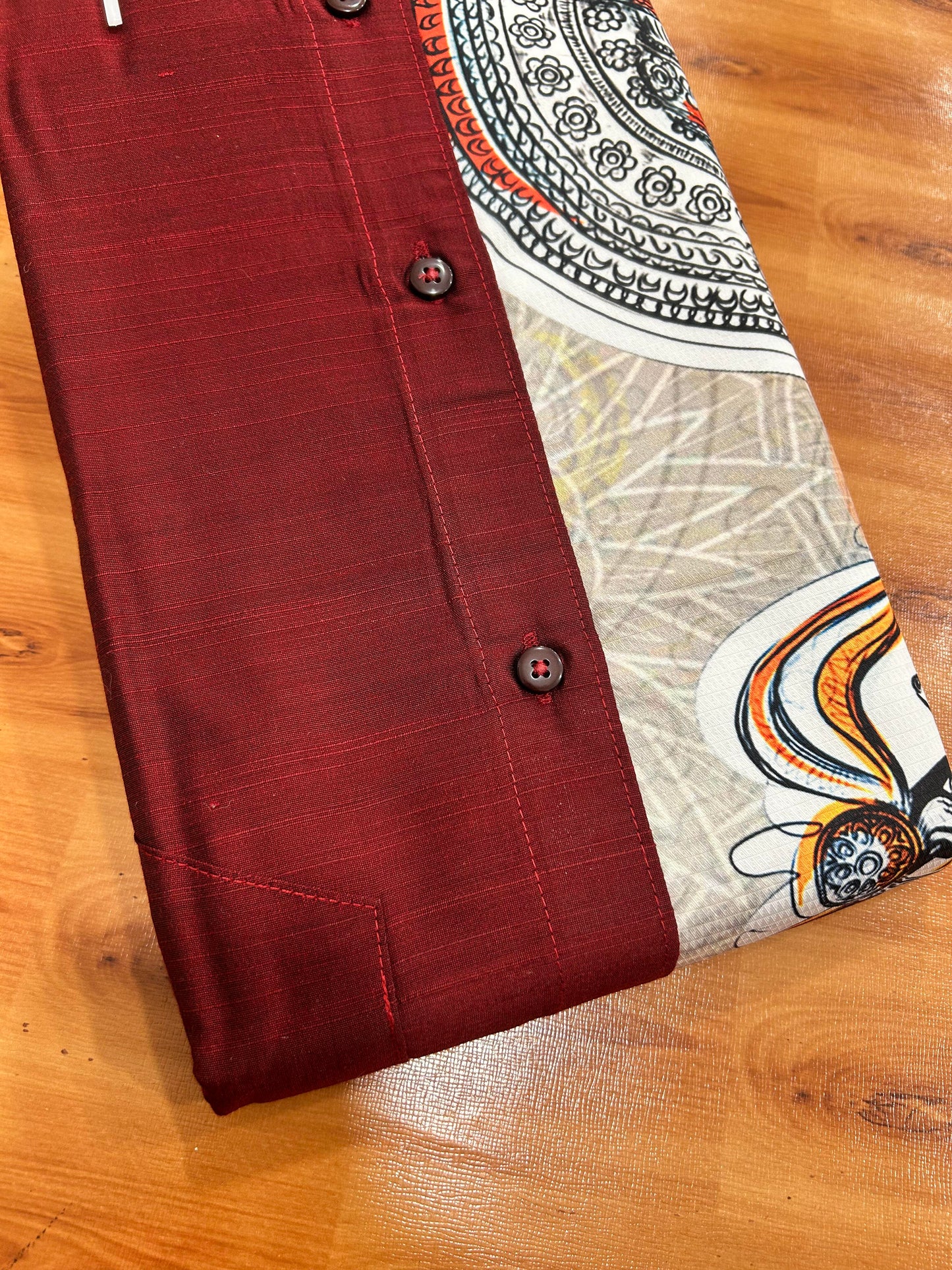 Combo Shirt Mund Mixed cotton - Half Sleeve - KaithariKada - Dark Maroon Kadhakali Printed Design - 7 KK5447 ARU