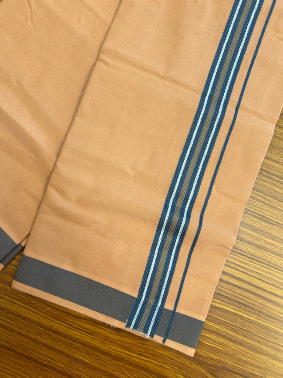 18% Discount!!! Kaitharikada Pure Cotton - Single Kaily / Lungi - 1.25 inch Blue & white stripes Pattern kara with Tan brown colour body  (2 meter / 4 muzham) - 8KK8018GAN