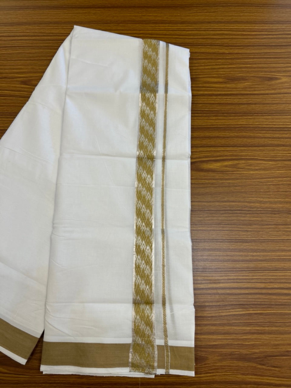 20% Discount! KaithariKada Balaramapuram 100% Cotton Double Pure white Mundu/Dhoti - 100x80 - 2 Inch Silver Kasav Light Brown jacquard pattern Kara - 6 KK5286 KAI