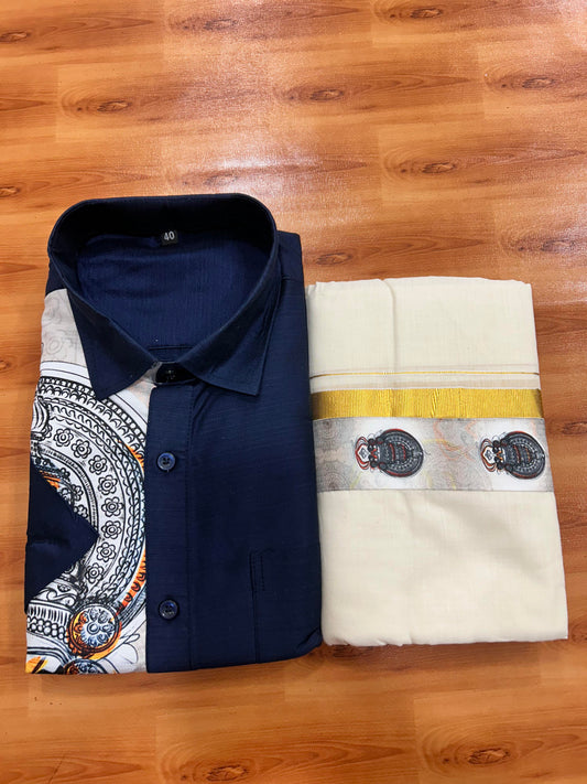 Combo Shirt Mund Mixed cotton - Half Sleeve - KaithariKada - Navy Blue Kadhakali Printed Design - 11 KK5447 ARU