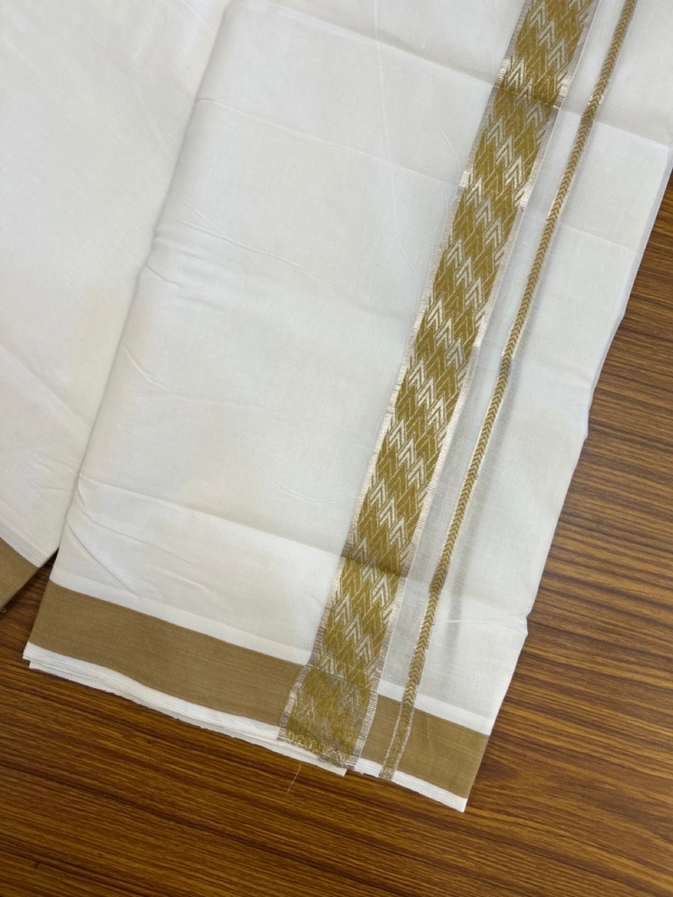 20% Discount! KaithariKada Balaramapuram 100% Cotton Double Pure white Mundu/Dhoti - 100x80 - 2 Inch Silver Kasav Light Brown jacquard pattern Kara - 6 KK5286 KAI