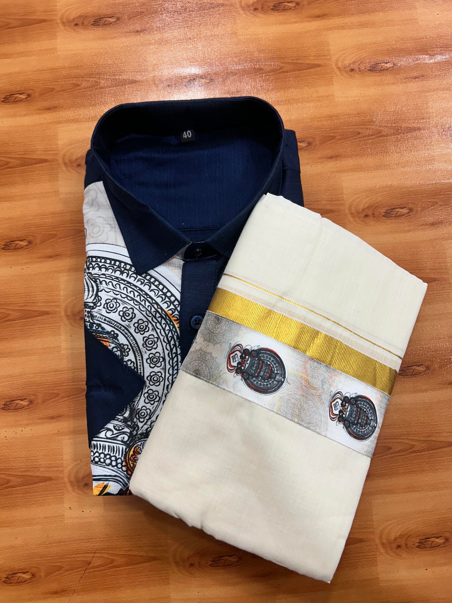 Combo Shirt Mund Mixed cotton - Half Sleeve - KaithariKada - Navy Blue Kadhakali Printed Design - 11 KK5447 ARU