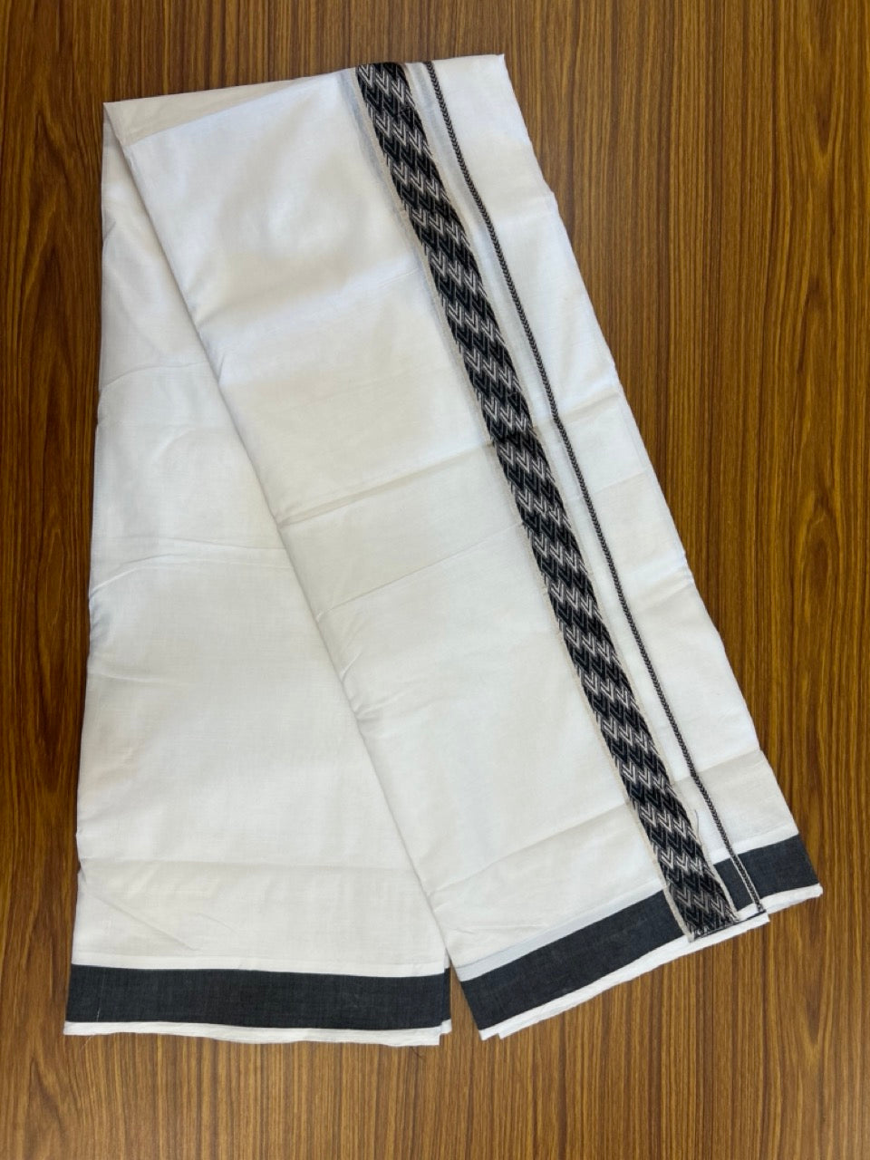 20% Discount! KaithariKada Balaramapuram 100% Cotton Double Pure white Mundu/Dhoti - 100x80 - 1.5 Inch Silver Kasav Black jacquard pattern Kara - 7 KK5286 KAI