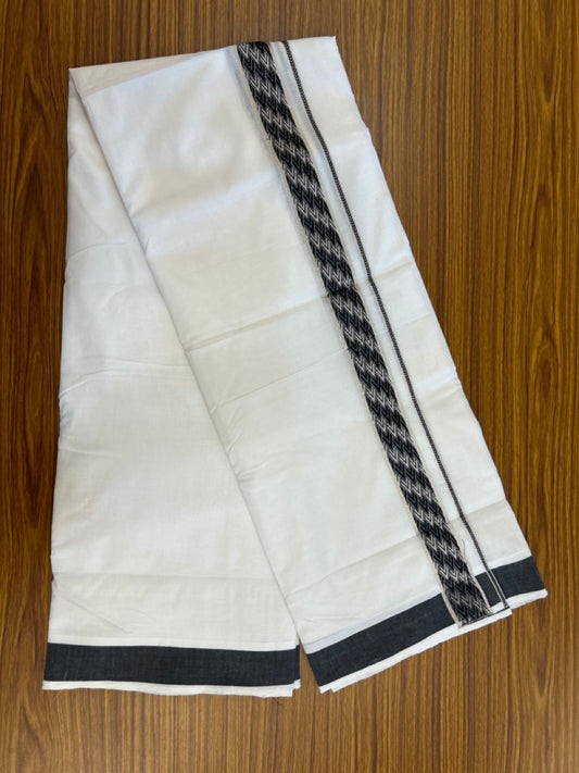 20% Discount! KaithariKada Balaramapuram 100% Cotton Double Pure white Mundu/Dhoti - 100x80 - 1.5 Inch Silver Kasav Black jacquard pattern Kara - 7 KK5286 KAI