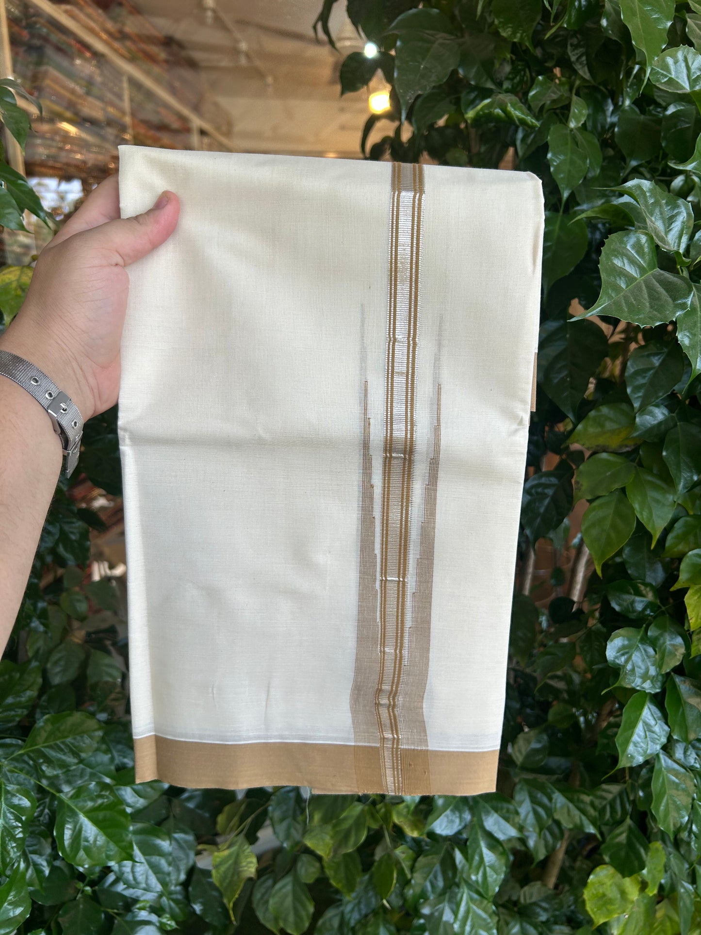 20% Discount ! KaithariKada Balaramapuram 100% Cotton Double Off White (unbleached) Mundu/Dhoti- 100x80- 1.75 inch Puliyilakkara Silver Kasavu & Sand Brown Striped Chutty Kara 4 mtr (8.5 muzham) - 225 KK5361 PMC