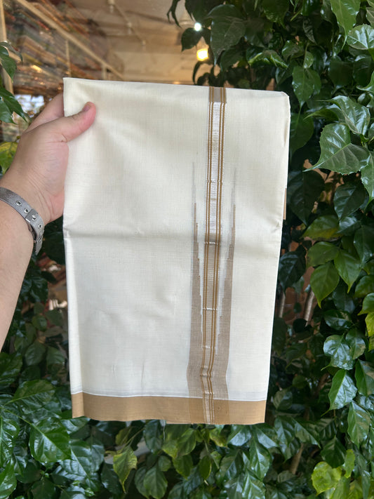 20% Discount ! KaithariKada Balaramapuram 100% Cotton Double Off White (unbleached) Mundu/Dhoti- 100x80- 1.75 inch Puliyilakkara Silver Kasavu & Sand Brown Striped Chutty Kara 4 mtr (8.5 muzham) - 225 KK5361 PMC