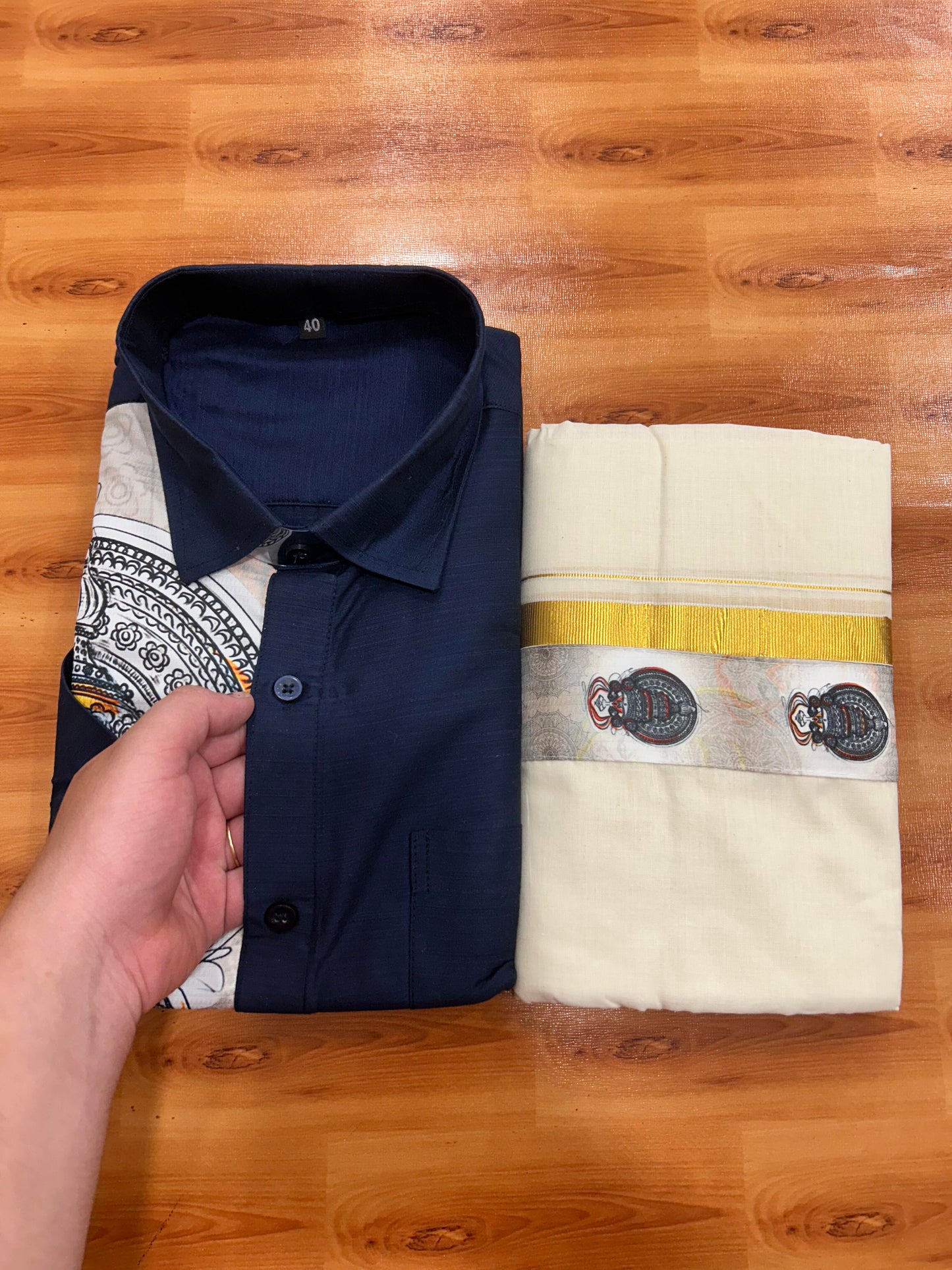 Combo Shirt Mund Mixed cotton - Half Sleeve - KaithariKada - Navy Blue Kadhakali Printed Design - 11 KK5447 ARU
