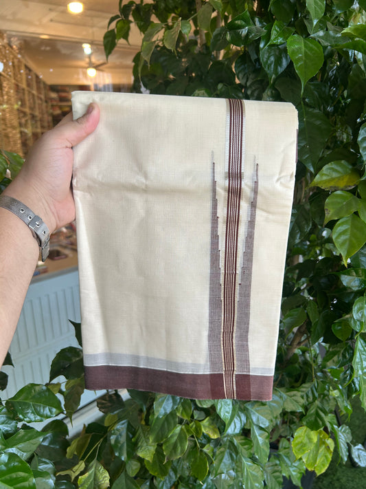 20% Discount ! KaithariKada Balaramapuram 100% Cotton Double Off White (unbleached) Mundu/Dhoti- 100x80- 1.75 inch Puliyilakkara Silver Kasavu & Brown Striped Chutty Kara 4 mtr (8.5 muzham) - 222 KK5361 PMC