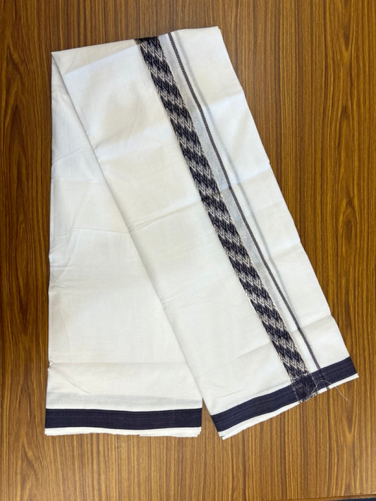 20% Discount! KaithariKada Balaramapuram 100% Cotton Double Pure white Mundu/Dhoti - 100x80 - 1.5 Inch Silver Kasav Navy Blue jacquard pattern Kara - 11 KK5286 KAI