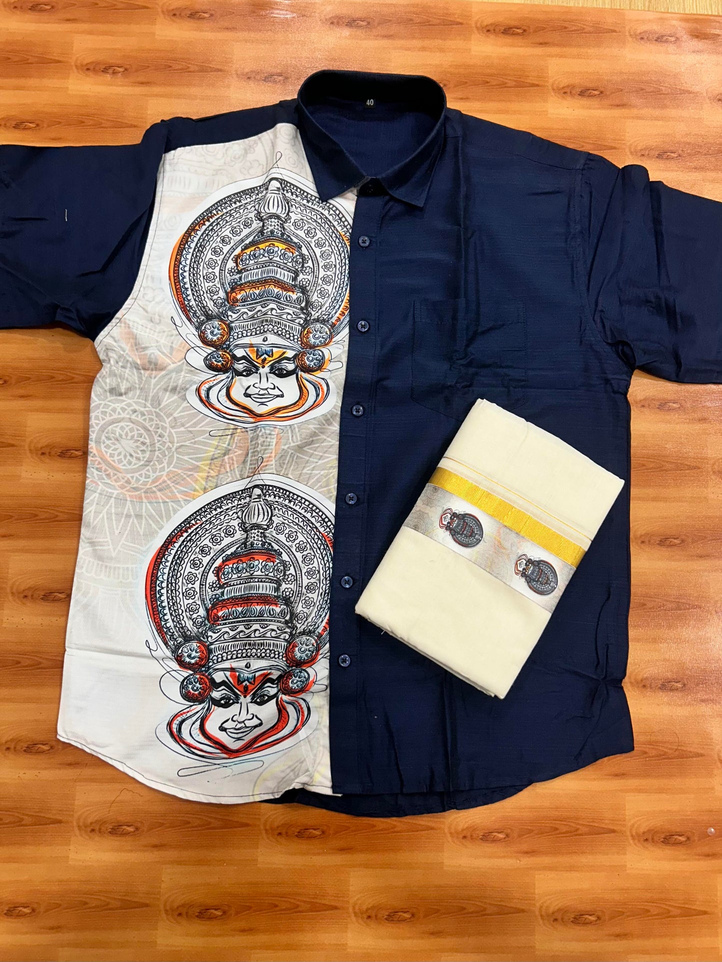 Combo Shirt Mund Mixed cotton - Half Sleeve - KaithariKada - Navy Blue Kadhakali Printed Design - 11 KK5447 ARU