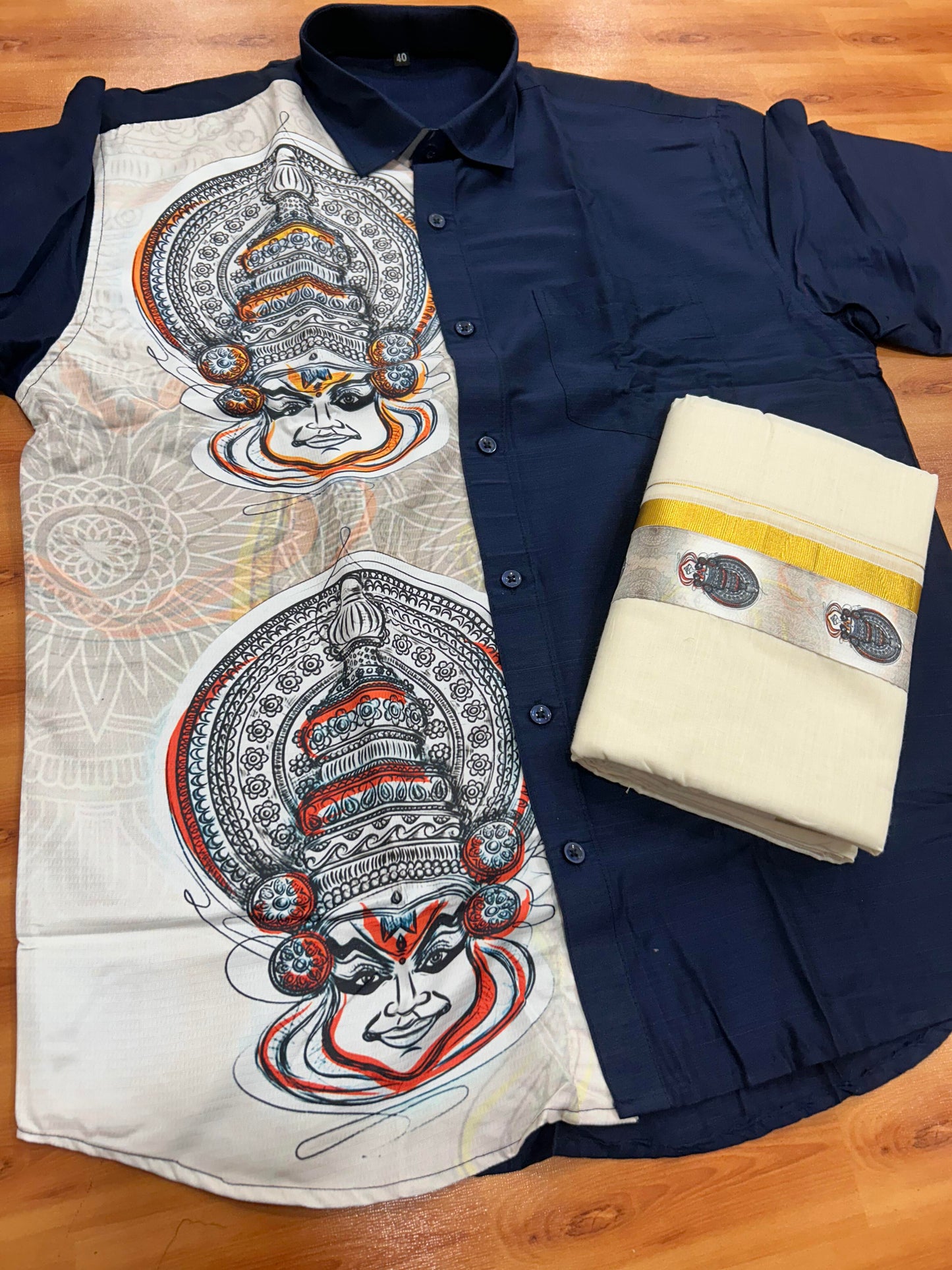 Combo Shirt Mund Mixed cotton - Half Sleeve - KaithariKada - Navy Blue Kadhakali Printed Design - 11 KK5447 ARU