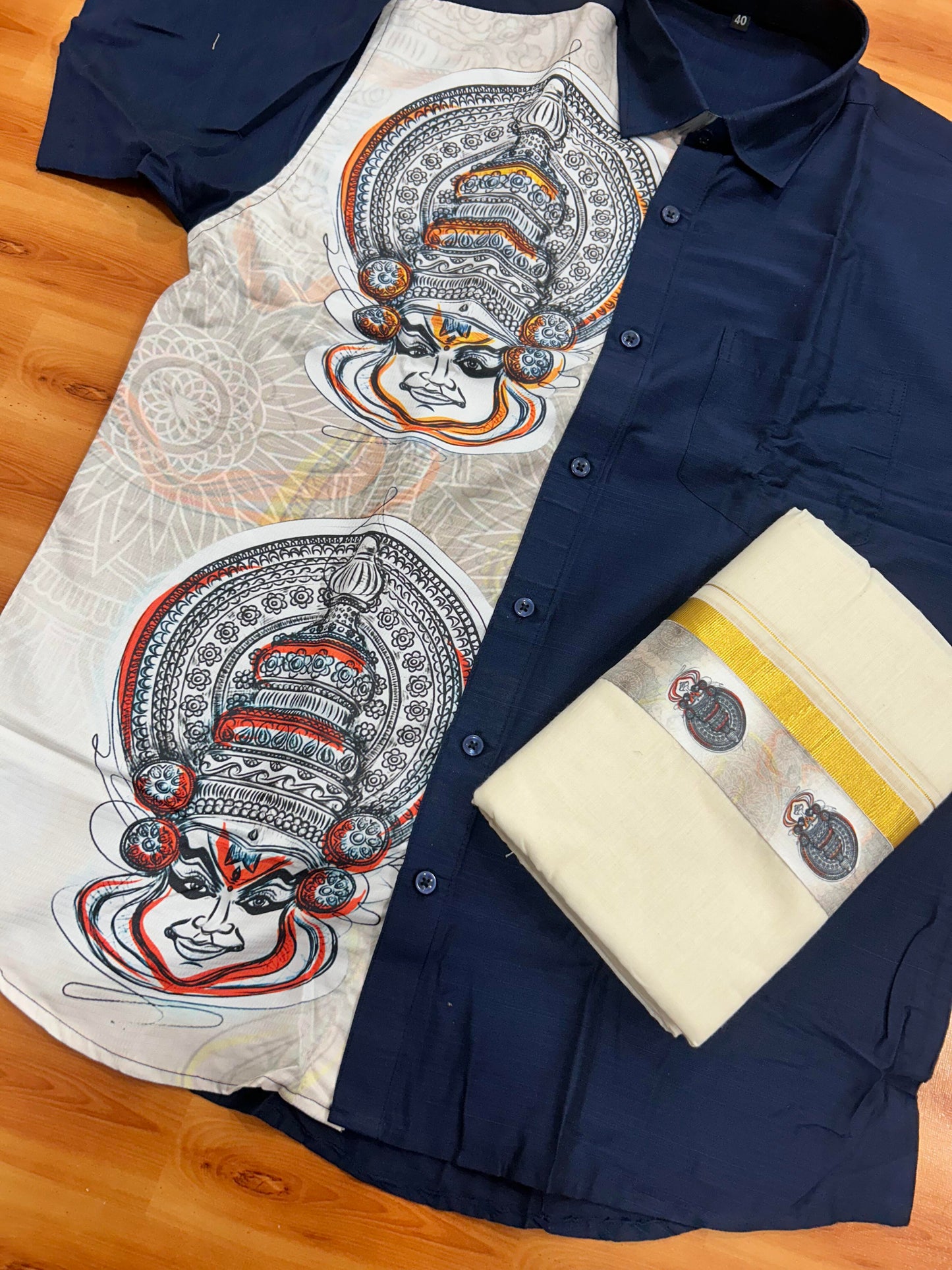 Combo Shirt Mund Mixed cotton - Half Sleeve - KaithariKada - Navy Blue Kadhakali Printed Design - 11 KK5447 ARU