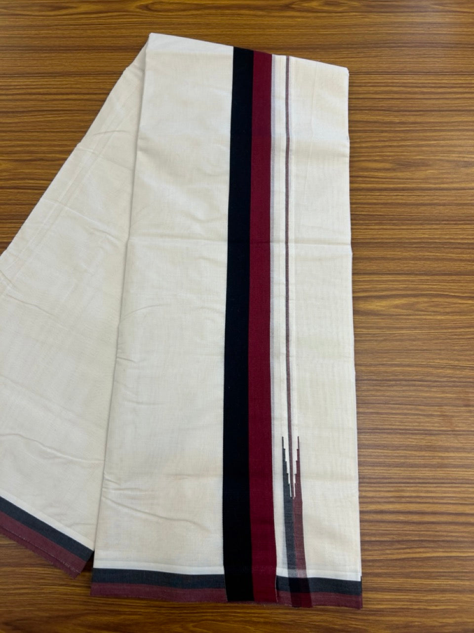 Dmk Veshti - 20% Discount! KaithariKada 100% Cotton off white Double - (Unbleached) Mundu/Dhoti - 100X100 - 1.5 inch Puliyilakkara Black & Maroon Chutty kara - 3 KK5300ASH