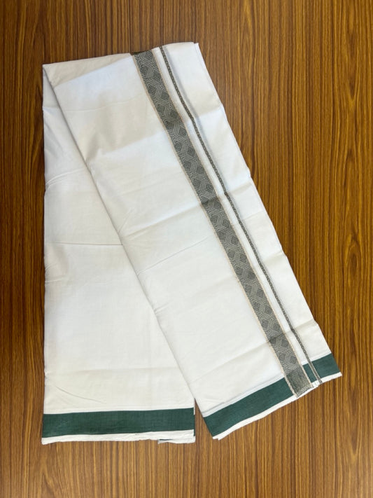 20% Discount! KaithariKada Balaramapuram 100% Cotton Double Pure white Mundu/Dhoti - 100x80 - 1.5 Inch Silver Kasav Green jacquard pattern Kara - 8 KK5286 KAI