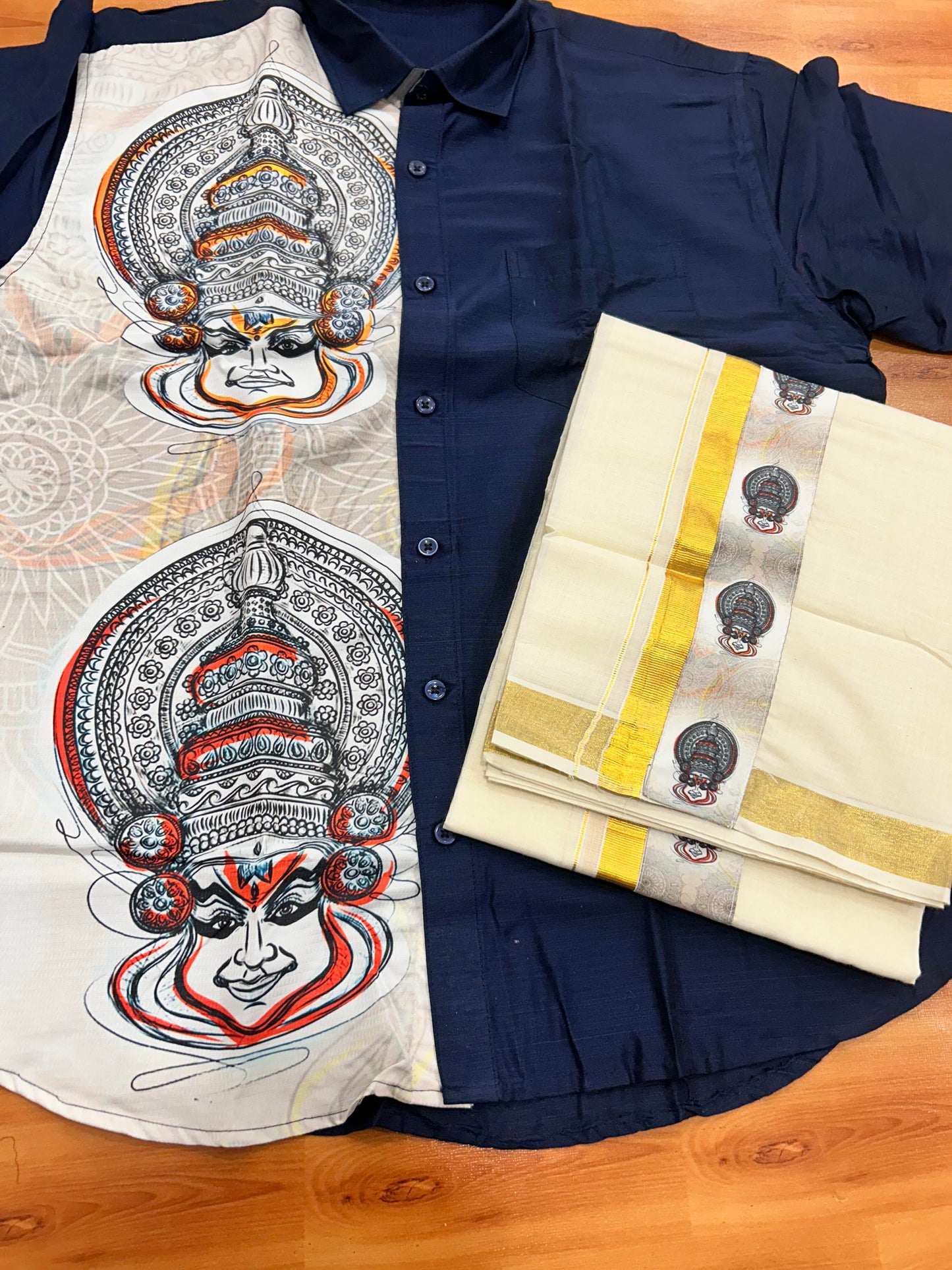 Combo Shirt Mund Mixed cotton - Half Sleeve - KaithariKada - Navy Blue Kadhakali Printed Design - 11 KK5447 ARU