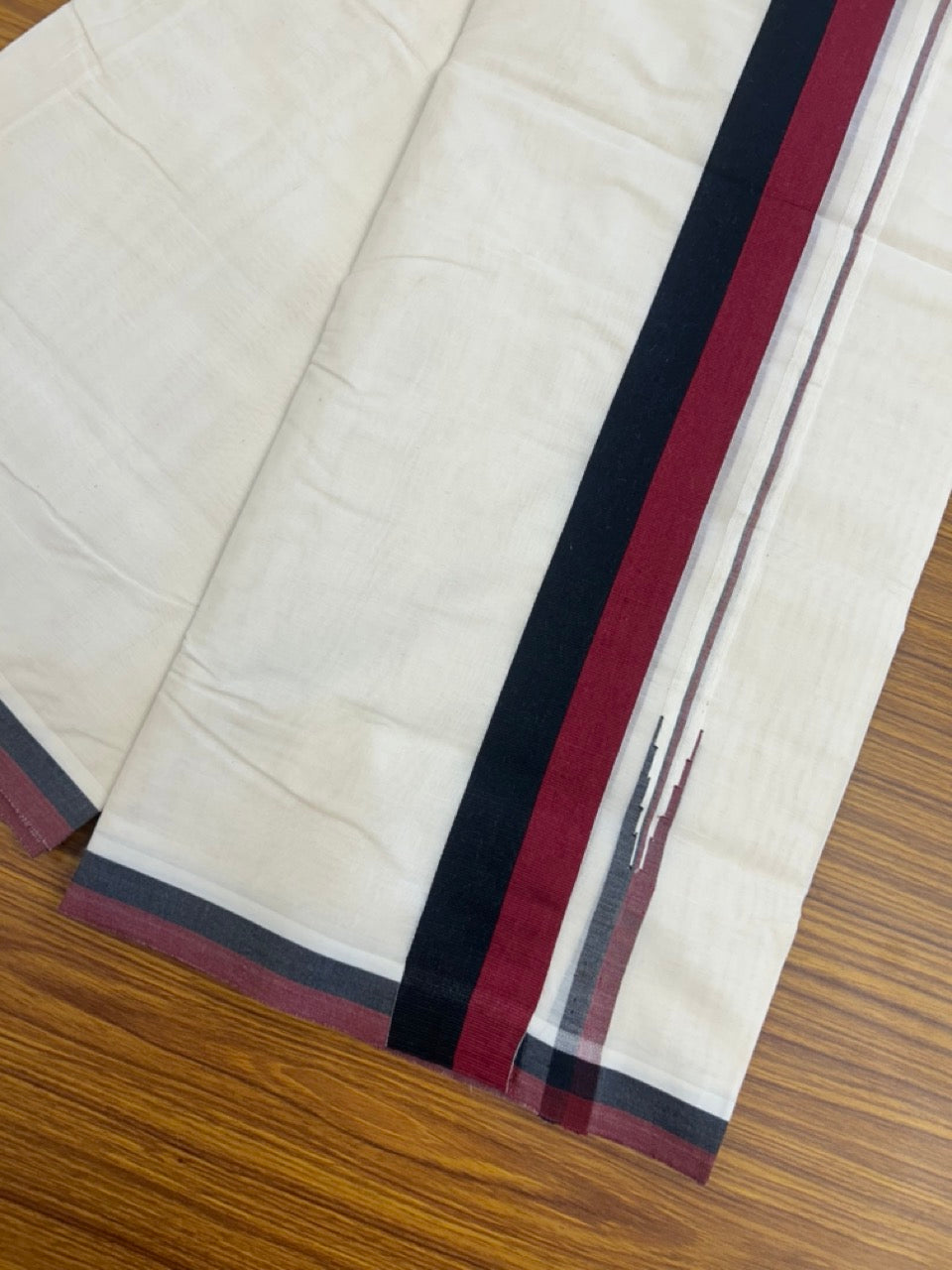 Dmk Veshti - 20% Discount! KaithariKada 100% Cotton off white Double - (Unbleached) Mundu/Dhoti - 100X100 - 1.5 inch Puliyilakkara Black & Maroon Chutty kara - 3 KK5300ASH