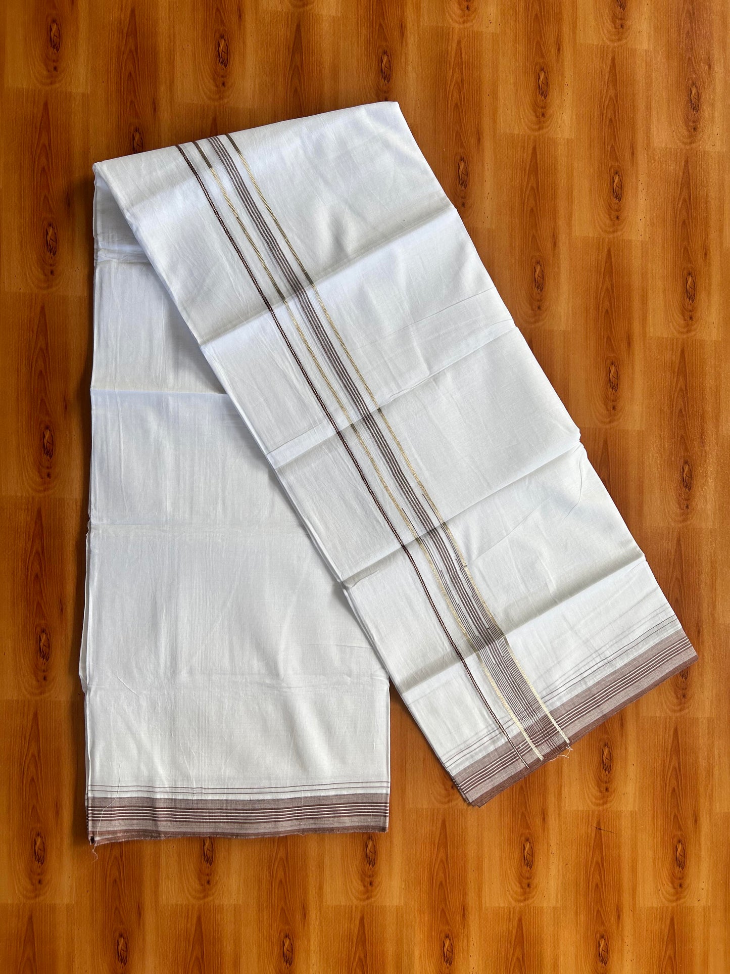 Pure white Double Mundu/Dhoti - 20% Discount! KaithariKada 100% Cotton - 100X80 - 1.25 inch Silver Kasav Caramel Brown Stripes Chutty Kara - 3.90 mtr ( 8.5 muzham) - 1 KK5448 VIN