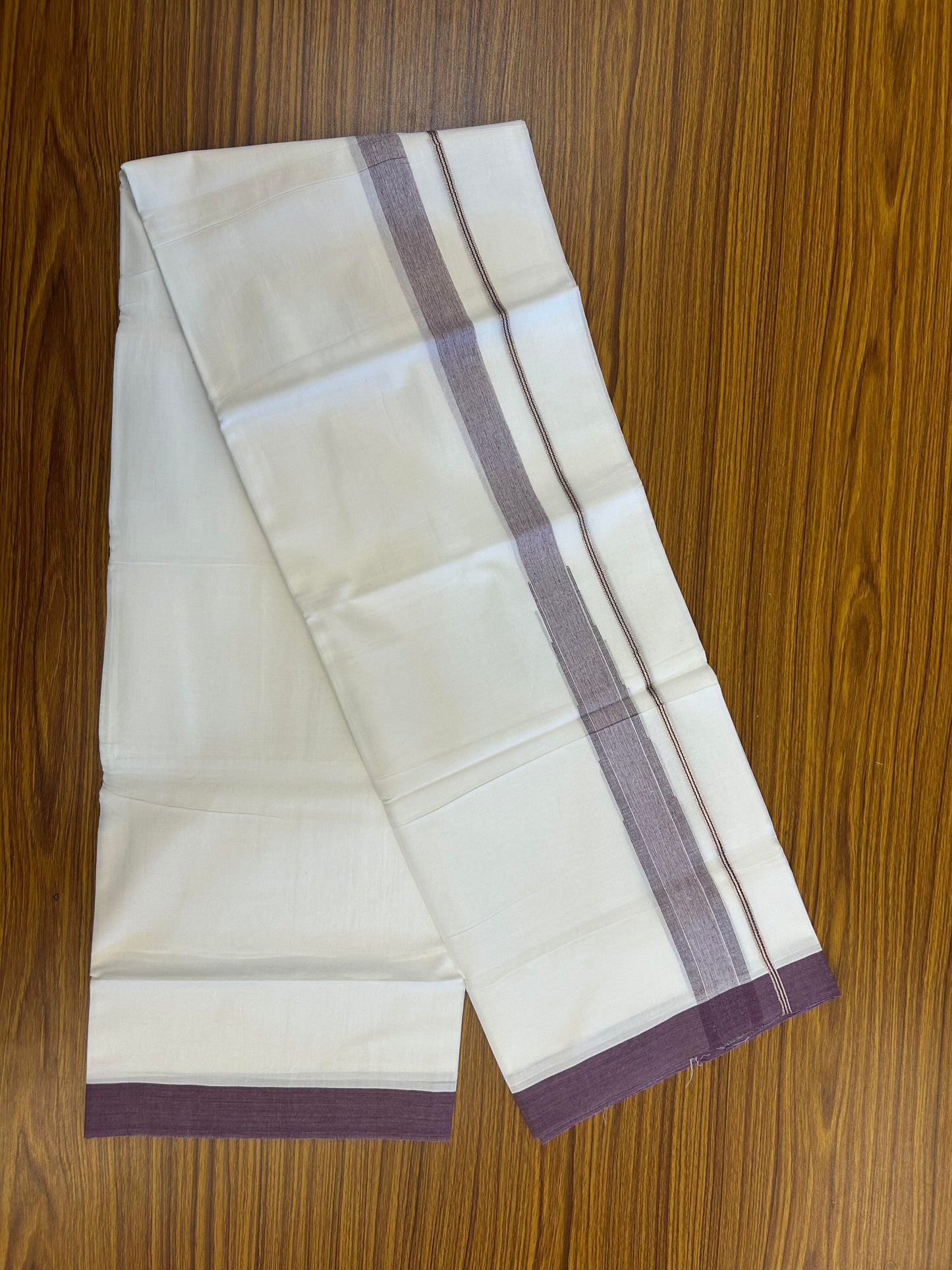 20% Discount ! KaithariKada Balaramapuram 100% Cotton Pure white Double Mundu/Dhoti - (100x80)s - 1.5 inch Silver Kasav & Grape Purple Shaded  Stripes Chutty Kara 3.90 mtr (8 muzham) - 127 KK5361 PMC