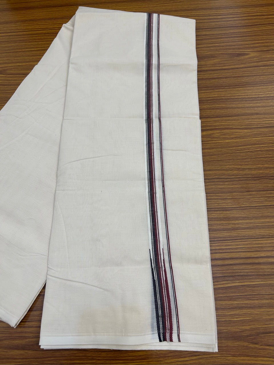 Dmk Veshti - 20% Discount! KaithariKada 100% Cotton off white Double - (Unbleached) Mundu/Dhoti - 100X100 - 0.75 inch Puliyilakkara Silver Kasav Black & Maroon Chutty kara - 4 KK5300 ASH