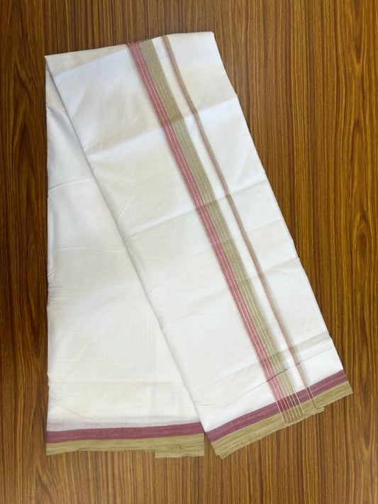 20% Discount! KaithariKada Balaramapuram 100% Cotton Double Pure white Mundu/Dhoti - 100x80 - 1.5 Inch Silver Kasav Pink & Sand Brown Stripes Kara - 9 KK5286 KAI
