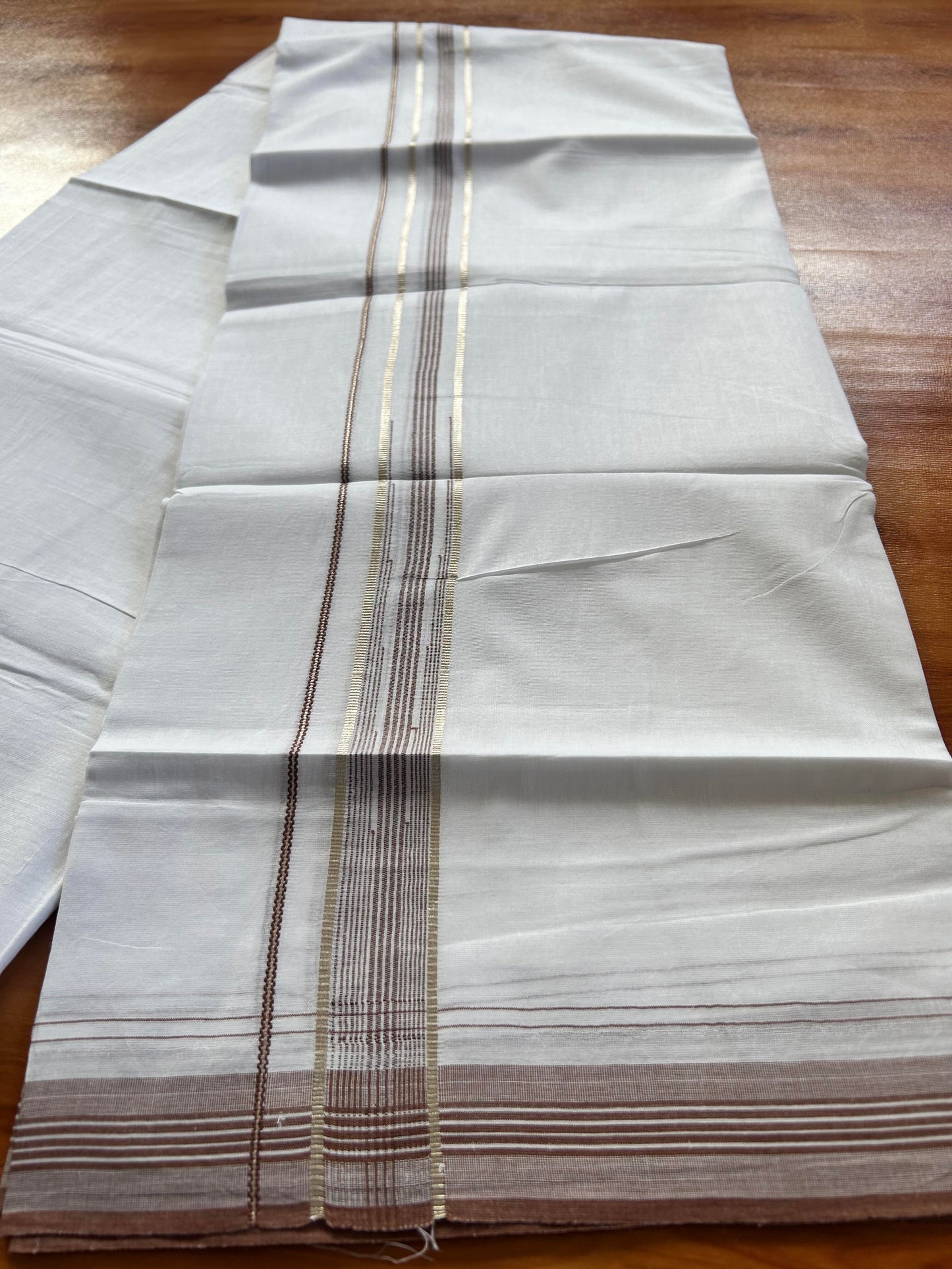 Pure white Double Mundu/Dhoti - 20% Discount! KaithariKada 100% Cotton - 100X80 - 1.25 inch Silver Kasav Caramel Brown Stripes Chutty Kara - 3.90 mtr ( 8.5 muzham) - 1 KK5448 VIN