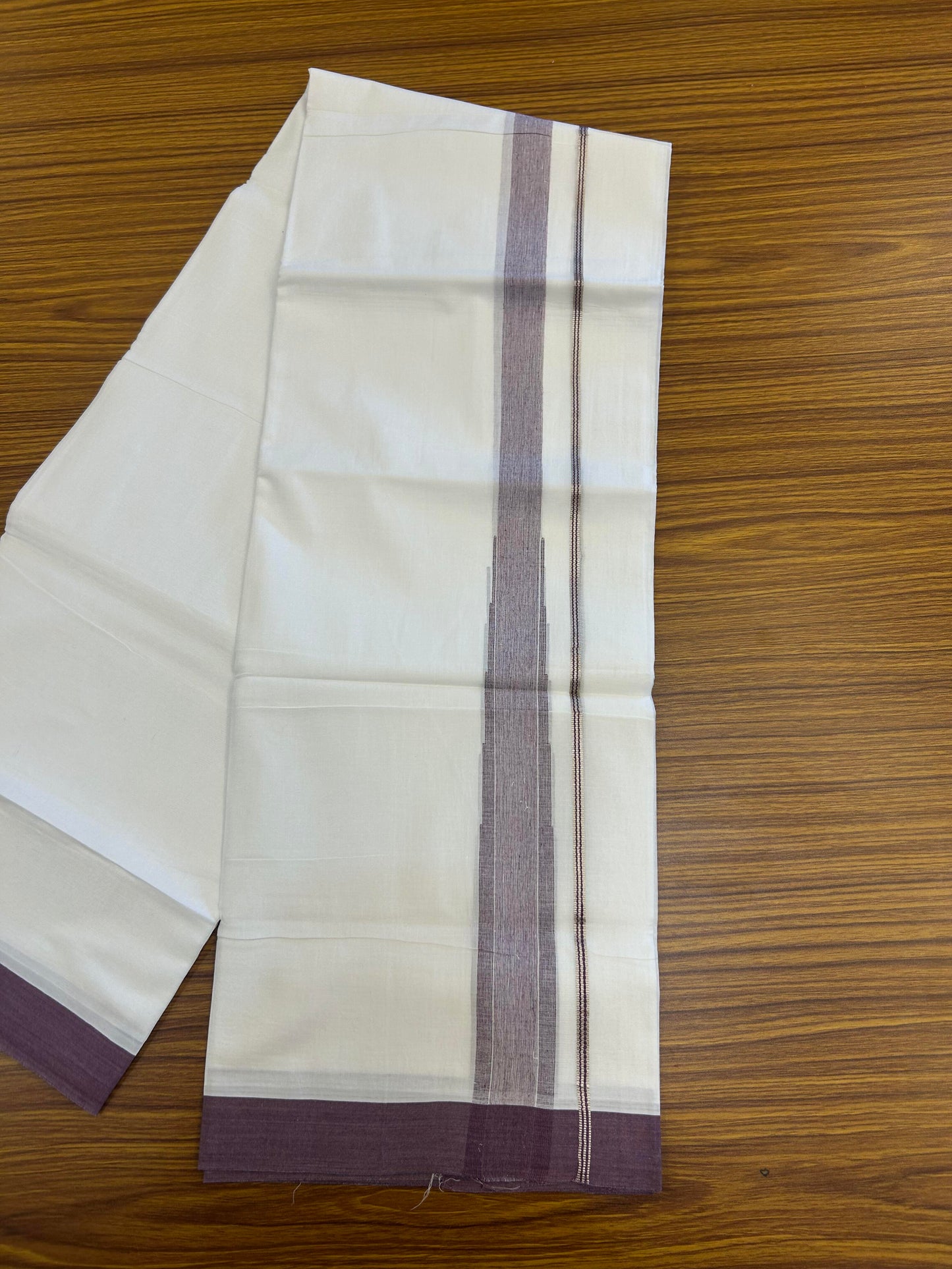 20% Discount ! KaithariKada Balaramapuram 100% Cotton Pure white Double Mundu/Dhoti - (100x80)s - 1.5 inch Silver Kasav & Grape Purple Shaded  Stripes Chutty Kara 3.90 mtr (8 muzham) - 127 KK5361 PMC