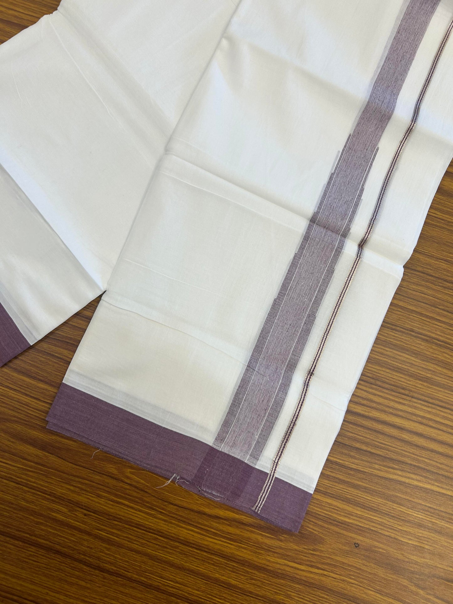 20% Discount ! KaithariKada Balaramapuram 100% Cotton Pure white Double Mundu/Dhoti - (100x80)s - 1.5 inch Silver Kasav & Grape Purple Shaded  Stripes Chutty Kara 3.90 mtr (8 muzham) - 127 KK5361 PMC