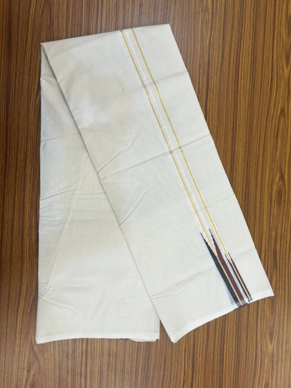 Dmk Veshti - 20% Discount! KaithariKada 100% Cotton off white Double - (Unbleached) Mundu/Dhoti - 100X100 - 0.75 inch Puliyilakkara Gold Kasav Black & Maroon Chutty kara - 5 KK5300 ASH