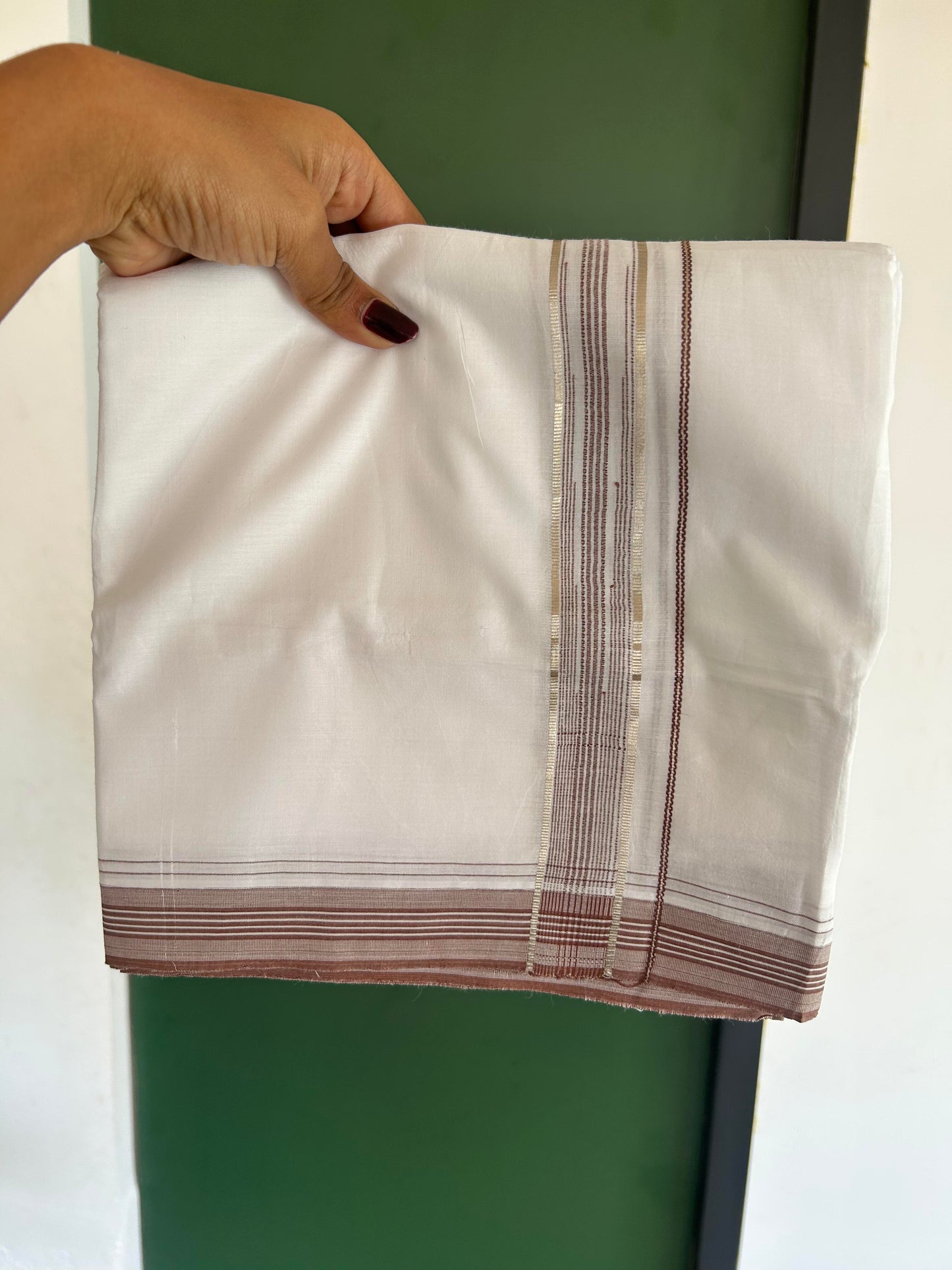Pure white Double Mundu/Dhoti - 20% Discount! KaithariKada 100% Cotton - 100X80 - 1.25 inch Silver Kasav Caramel Brown Stripes Chutty Kara - 3.90 mtr ( 8.5 muzham) - 1 KK5448 VIN