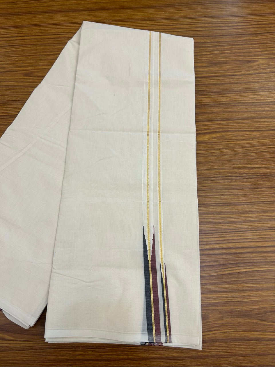 Dmk Veshti - 20% Discount! KaithariKada 100% Cotton off white Double - (Unbleached) Mundu/Dhoti - 100X100 - 0.75 inch Puliyilakkara Gold Kasav Black & Maroon Chutty kara - 5 KK5300 ASH