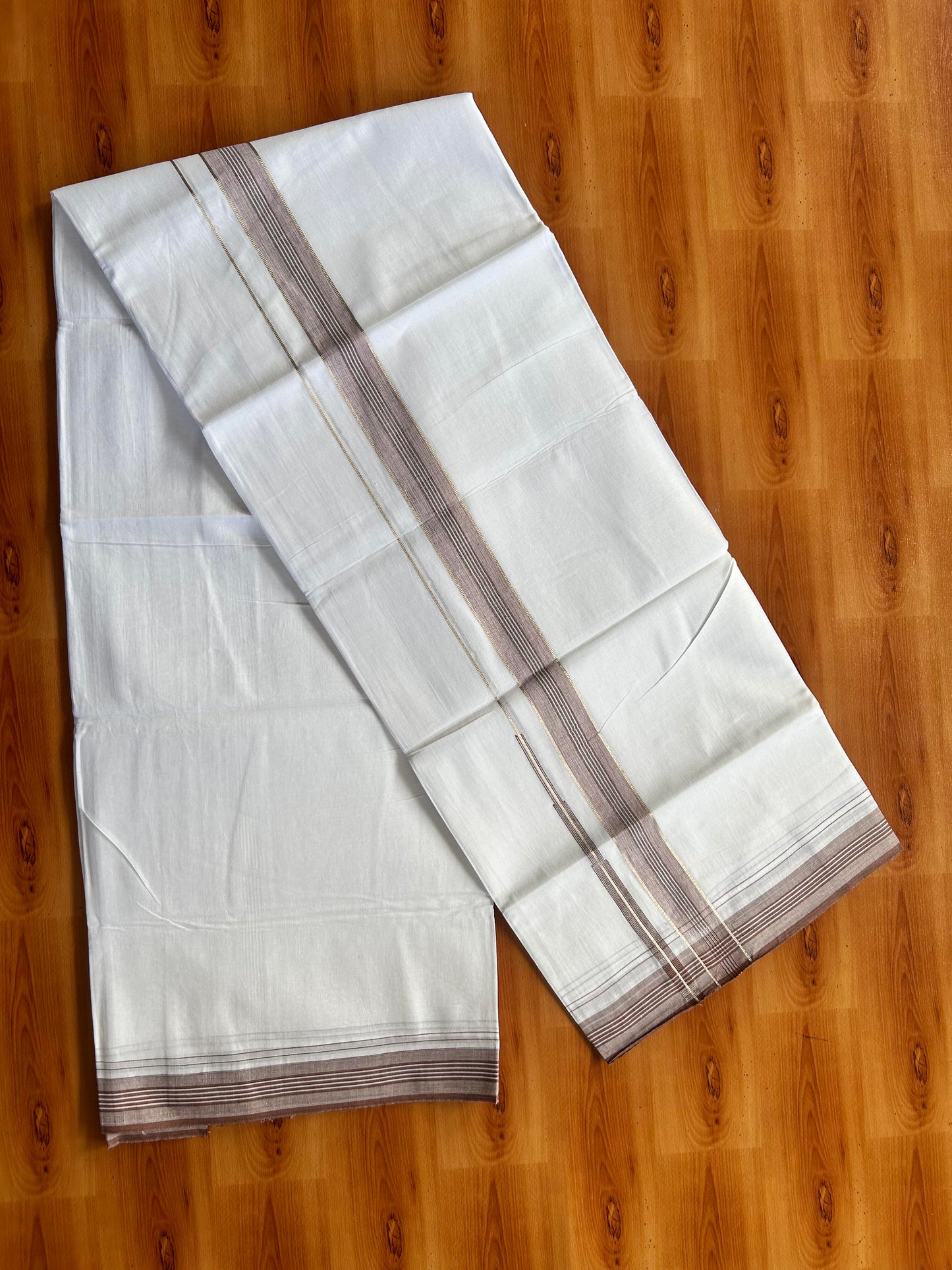 Pure white Double Mundu/Dhoti - 20% Discount! KaithariKada 100% Cotton - 100X80 - 1 inch Silver Kasav Caramel Brown Shaded Stripes Chutty Kara - 3.90 mtr (8.5 muzham) - 2 KK5448 VIN