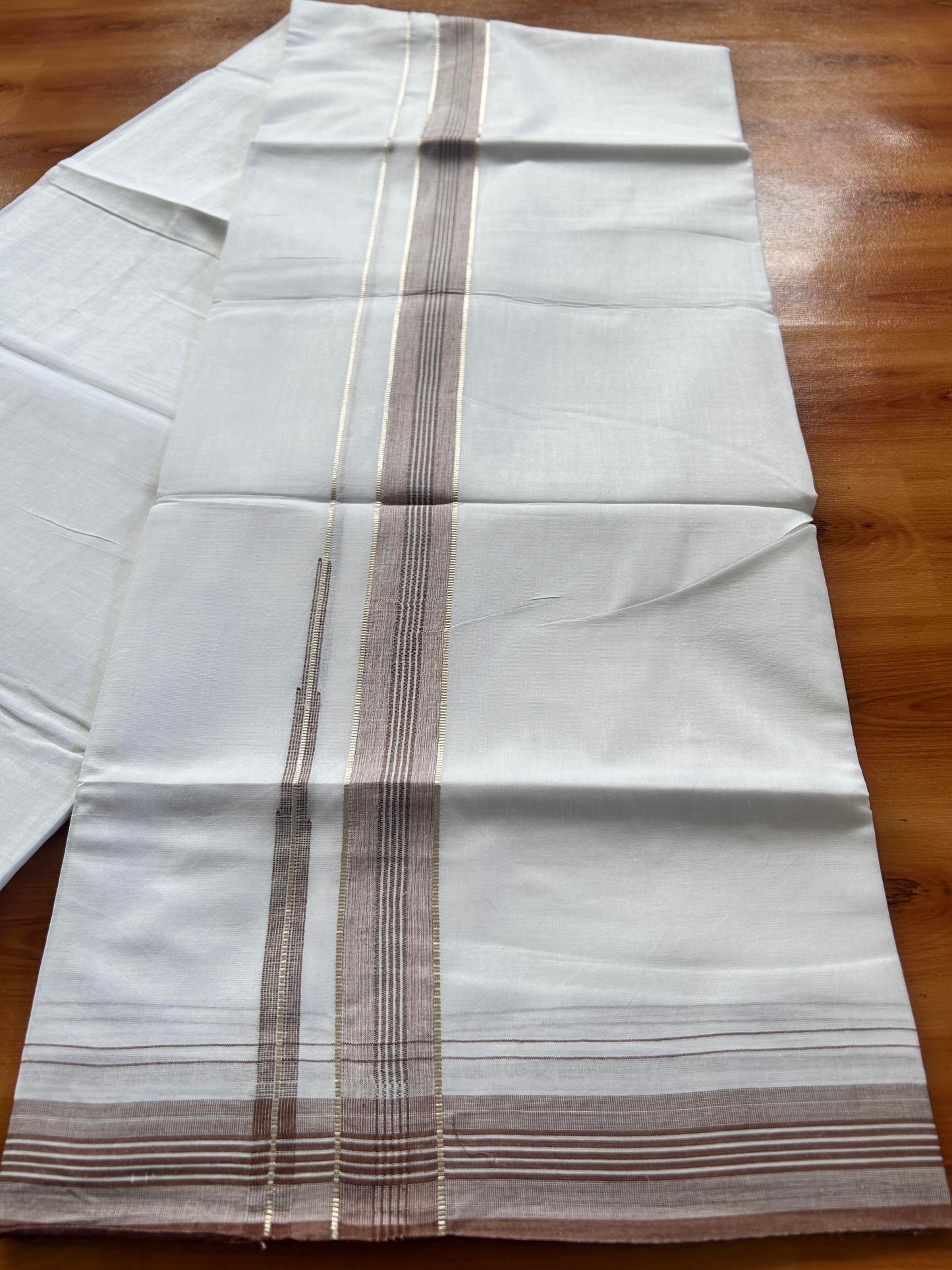 Pure white Double Mundu/Dhoti - 20% Discount! KaithariKada 100% Cotton - 100X80 - 1 inch Silver Kasav Caramel Brown Shaded Stripes Chutty Kara - 3.90 mtr (8.5 muzham) - 2 KK5448 VIN