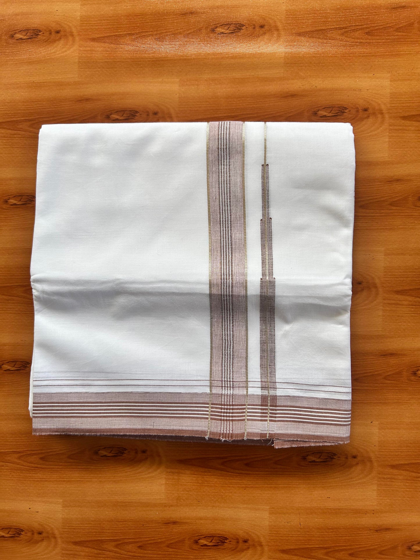 Pure white Double Mundu/Dhoti - 20% Discount! KaithariKada 100% Cotton - 100X80 - 1 inch Silver Kasav Caramel Brown Shaded Stripes Chutty Kara - 3.90 mtr (8.5 muzham) - 2 KK5448 VIN
