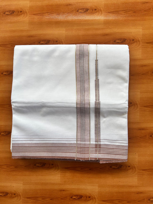 Pure white Double Mundu/Dhoti - 20% Discount! KaithariKada 100% Cotton - 100X80 - 1 inch Silver Kasav Caramel Brown Shaded Stripes Chutty Kara - 3.90 mtr (8.5 muzham) - 2 KK5448 VIN