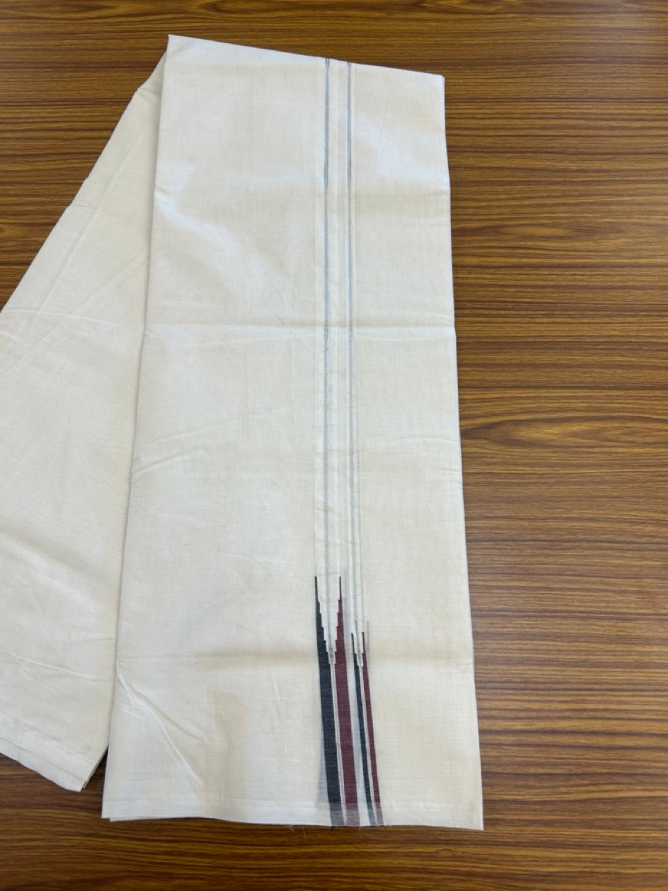 Dmk Veshti - 20% Discount! KaithariKada 100% Cotton off white Double - (Unbleached) Mundu/Dhoti - 100X100 - 0.75 inch Puliyilakkara Silver Kasav Black & Maroon Chutty kara - 6 KK5300 ASH