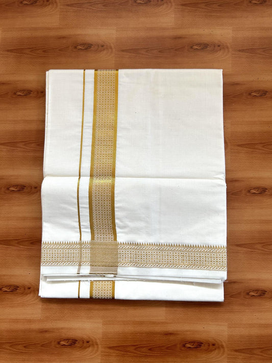 Single Off White - (Unbleached) Mundu/Dhoti - 20% Discount!! Kaitharikada Balaramapuram Pure Cotton - 40s - 1.25 inch Gold Kasav Jacquard Design Kara 2 mtr (4 muzham) - 19 KK5395 GAN