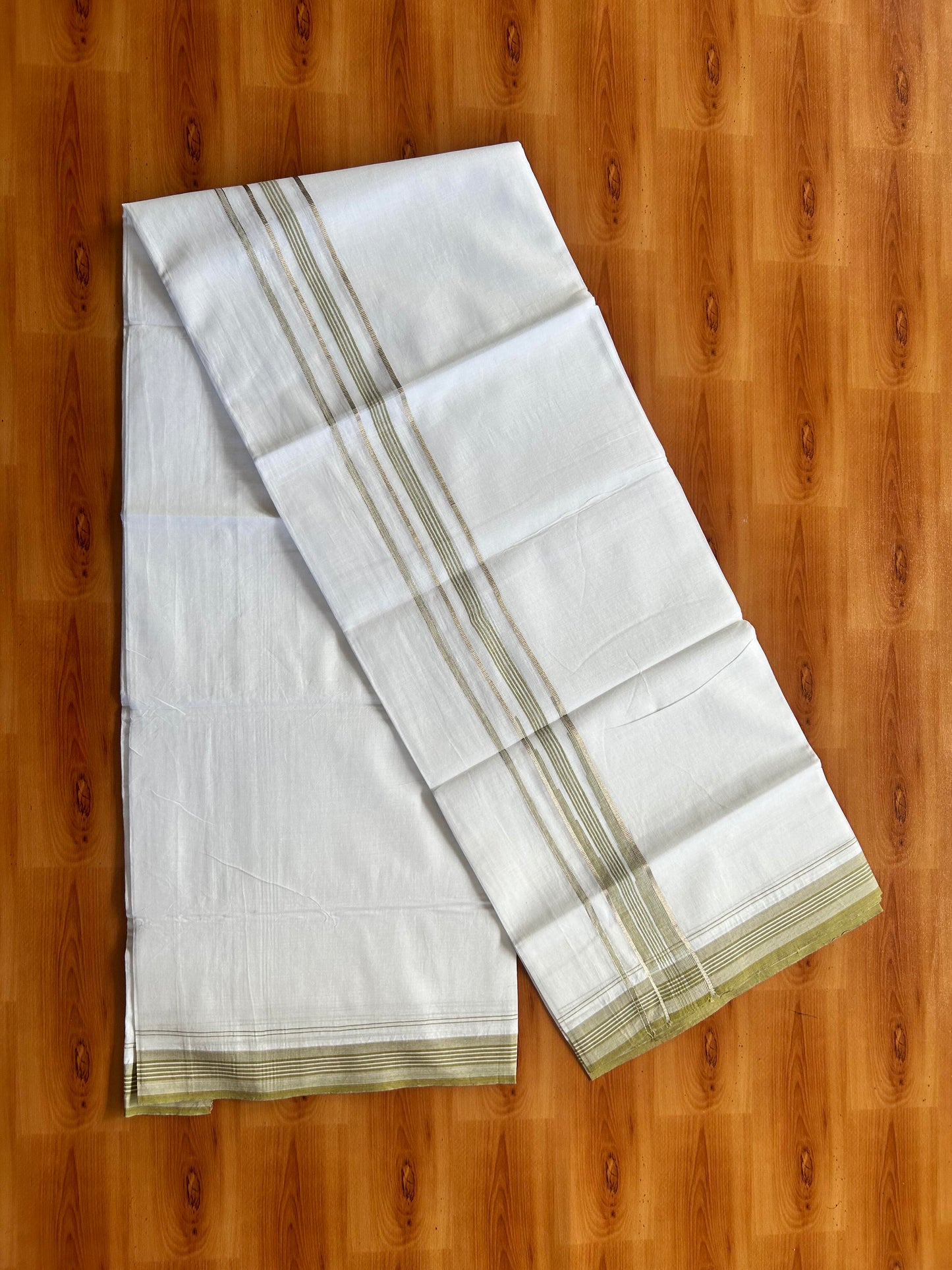 Pure white Double Mundu/Dhoti - 20% Discount! KaithariKada 100% Cotton - 100X80 - 1.5 inch Silver Kasav Olive Green Shaded Stripes Chutty Kara - 3.90 mtr (8.5 muzham) - 3 KK5448 VIN