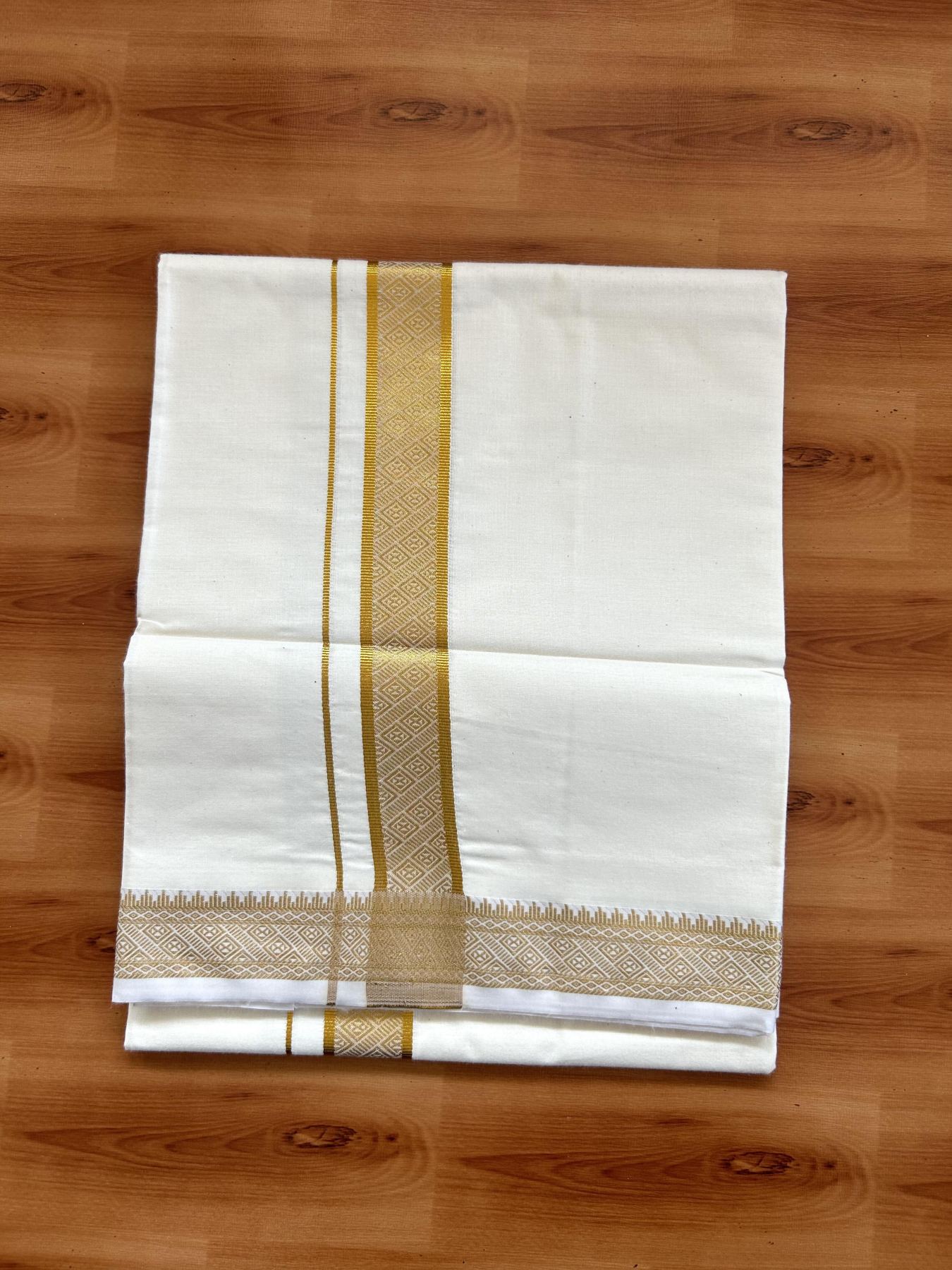 Single Off White - (Unbleached) Mundu/Dhoti - 20% Discount!! Kaitharikada Balaramapuram Pure Cotton - 40s - 1.25 inch Gold Kasav Jacquard Design Kara 2 mtr (4 muzham) - 22 KK5395 GAN